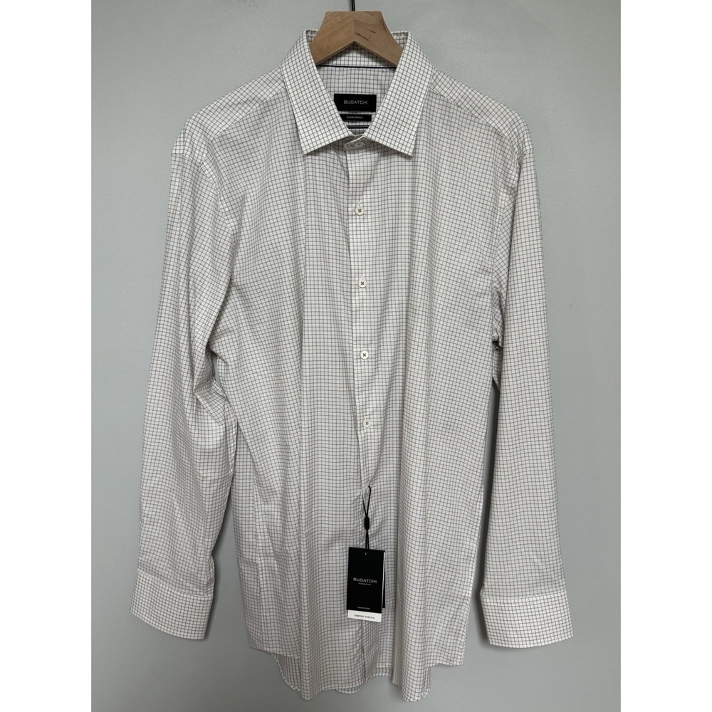 Bugatchi Men's NWT Comfort Stretch Button Down Check Shirt Sand Size 17‎  34/35